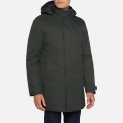 Geox Aerantis Man Mid Length Jacket Dark Green 54 Breathable Windproof Water Repellent Padded Hood Matt Twill Weave Fabric Men's Outerwear Fast Delivery Easy Exchange
