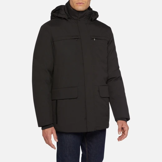 Geox Spherica Man Black Jacket: Recycled Fabric, Water-Repellent, Windproof, Mid-Length, Breathable, Thermo-Regulation, Urban Cool, Sizes Available, Fast Delivery, Easy Exchange