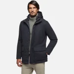 Monreale Men's Longline Coat Midnight Blue Velour Fabric Removable Hood - Geox