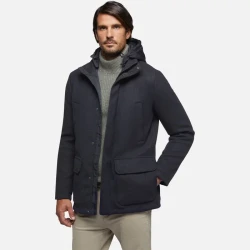 Monreale Men's Longline Coat Midnight Blue Velour Fabric Removable Hood