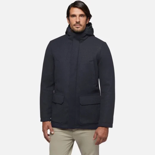 Monreale Men's Longline Coat Midnight Blue Velour Fabric Removable Hood - Geox - Image 3