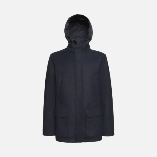 Monreale Men's Longline Coat Midnight Blue Velour Fabric Removable Hood - Geox - Image 4
