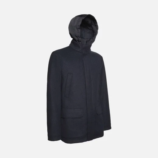 Monreale Men's Longline Coat Midnight Blue Velour Fabric Removable Hood - Geox - Image 6