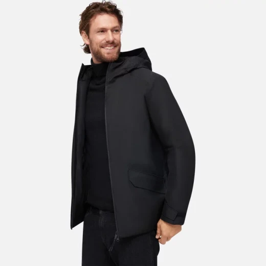 Geox Clintford ABX Men's 3/4 Length Hooded Jacket Black Recycled Polyester Waterproof Windblocking Breathable Modern Parka 60 Size Geox Clintford ABX Men's 3/4 Length Hooded Jacket Black Recycled Polyester Waterproof Windblocking Breathable Modern Parka 60 Size