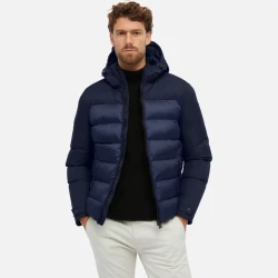Geox Sapienza Man Navy Jacket 50 with Hood Softshell and Quilted Nylon Combination for Men Fast Delivery Easy Exchange Outdoor City Style Modern Design Blue Tones