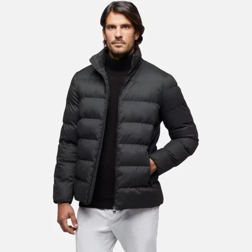 Geox Asphalt Man Levico Jacket Black 60 Men's Short Anorak Water Resistant Wind Blocking Polyester Fabric with Wool Like Texture Micro Pattern Print Fast Delivery Easy Exchange - Asphalt - Image 2