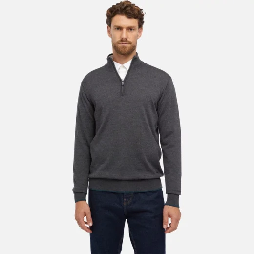 Men's Classic Knit Sweater with High Neck and Half Zip Closure XXL Melange Grey Merino Wool Blend Versatile Layering Option