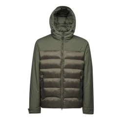 Geox Sapienza Man's Green Padded Jacket: Modern Outdoor Design with Hood, Drawstring Hem, and Water Resistant Finish. Features Recycled Nylon and Stretch Polyester Twill. Size 58.