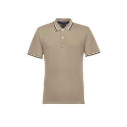 POLO MAN Men's Taupe Polo Shirt XXL 100% Cotton Pique Breathable Short Sleeve Casual Wear with Contrasting Striped Details on Sleeves and Collar Comfortable City Dressing