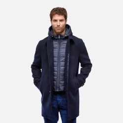 Monreale Man Wool Blend Longline City Coat with Detachable Hood Sky Captain