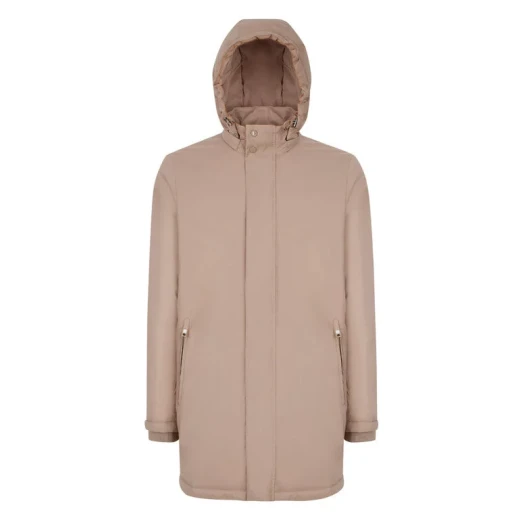 Aurelio Man Longline Down Jacket Light Brown Size 48 with Detachable Adjustable Hood Water Repellent Wind Blocking Surface 3 Internal Pockets Urban Modern Winter Coat - Geox - Image 3
