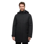 Aerantis Man Longline Jacket Black Water Repellent Wind Blocking Polyester 58 with Reversible Hood and Breathable Design for City Wear