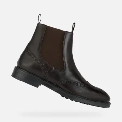 Geox Tiberio Man Ankle Boots in Dark Brown Aged Leather with Brogue Detailing. Stylish Lace Up Boot for Autumn/Winter. Size 40. Formal and Comfortable Design