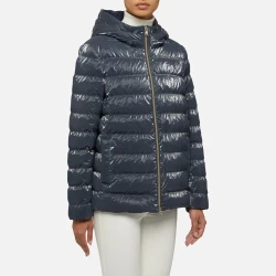 Geox Myluse Woman's Hooded Puffer Jacket Windproof 40 Black Creased Nylon with Premium Padding Quilted Design Flattering Fit Comfortable Easy Movement Winter Outerwear