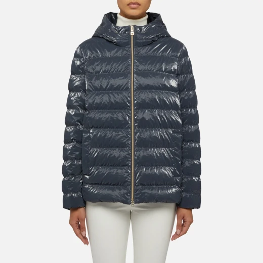 Geox Myluse Women's Short Hooded Puffer Jacket Windproof Black, Crafted From Creased Effect High Shine Nylon With Premium Padding, Winter Cold Protection Size 44 - Geox - Image 4