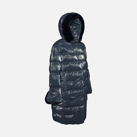 Geox Skyely Woman's Padded Puffer Jacket with Metallic Finish and Faux Fur Trim in Navy, Longline Cut, Wind Resistant, Size 42 - Protect Against Cold Weather - Skyely - Image 3