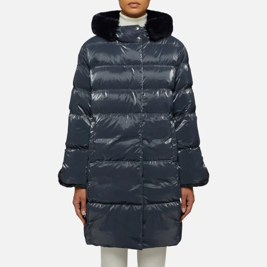 Geox Skyely Woman's Padded Puffer Jacket with Metallic Finish and Faux Fur Trim in Navy, Longline Cut, Wind Resistant, Size 42 - Protect Against Cold Weather - Skyely - Image 4