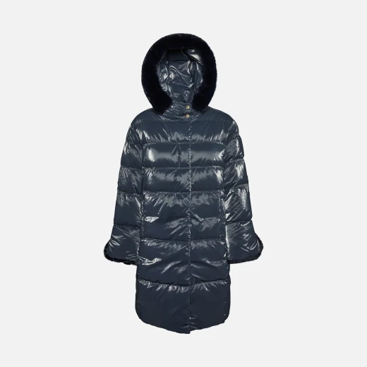 Geox Skyely Woman Longline Puffer Jacket Navy Blue Faux Fur Trim - Geox - Image 5