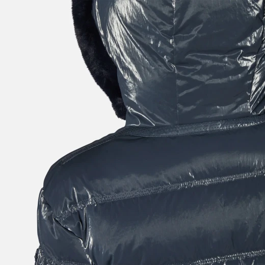 Skyely Woman Longline Puffer Jacket Navy 38 with Faux Fur Trim and Hi-Shine Metallic Finish Wind Resistant Winter Outerwear for Women Fast Delivery Easy Exchange - Skyely - Image 8