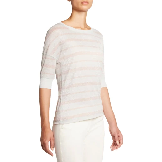 Geox Women's Off White Recycled Lurex Jersey T Shirt Boat Neckline Size L - Geox - Image 4