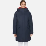 Geox Gendry ABX Woman's Longline Parka Jacket Sky Captain Color Waterproof Breathable Twill Fabric Sustainable Fill Winter Coat Size 38 Comfortable Functional with Removable Bib - Abc apparel