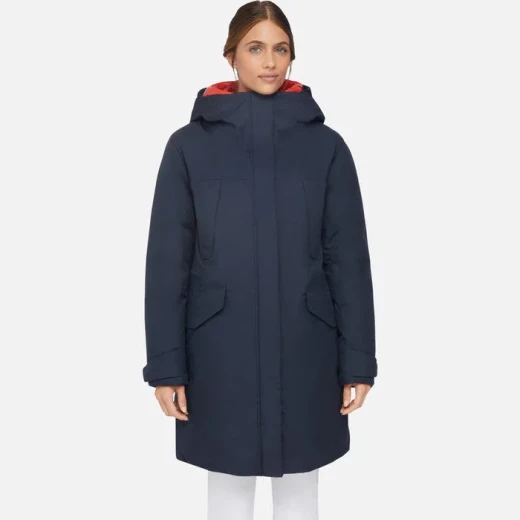 Geox Gendry ABX Woman's Waterproof Breathable Longline Parka Jacket Midnight Blue 46 Featuring Sustainable Fill Multiple Pockets Removable Quilted Bib Winter Coat Fast Delivery