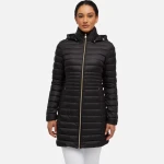 JAYSEN Woman's Longline Puffer Jacket Black with Removable Hood and Flared Cut. Versatile Urban Design for Women's Autumn Wear, Size 40. Features Fast Delivery and Easy Exchange. - Geox
