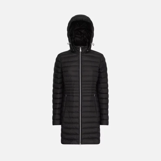 JAYSEN Woman's Longline Puffer Jacket Black with Removable Hood and Flared Cut. Versatile Urban Design for Women's Autumn Wear, Size 40. Features Fast Delivery and Easy Exchange. - Geox - Image 3