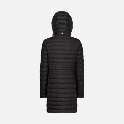JAYSEN Woman's Longline Puffer Jacket Black with Removable Hood and Flared Cut. Versatile Urban Design for Women's Autumn Wear, Size 40. Features Fast Delivery and Easy Exchange. - Geox - Image 5