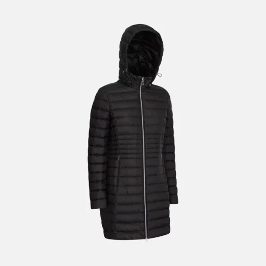 JAYSEN Woman's Longline Puffer Jacket Black with Removable Hood and Flared Cut. Versatile Urban Design for Women's Autumn Wear, Size 40. Features Fast Delivery and Easy Exchange. - Geox - Image 6