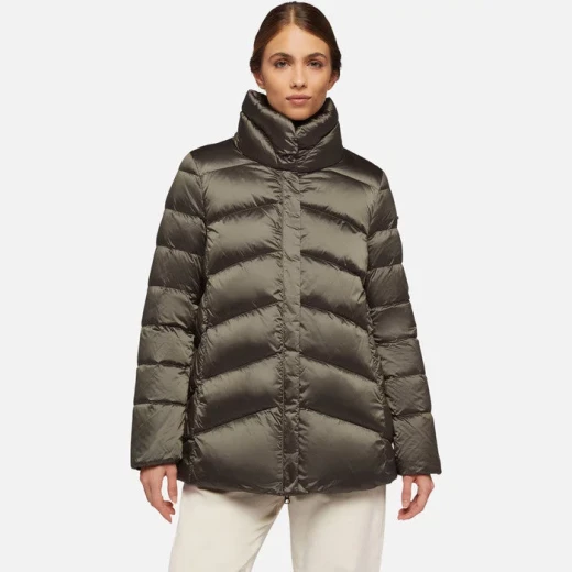 Adrya Woman Bright Cement Puffer Jacket Short Cosy Winter Anorak 40 Environmentally Friendly Padding Hi Shine Nylon Burnished Hardware Elevate Everyday Style - Geox - Image 4