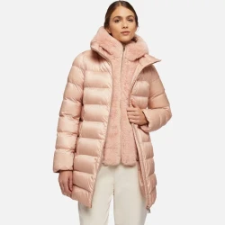 DESYA Woman Rose Longline Parka Jacket with Sustainable Fill for Bitterly Cold Weather, Featuring Detachable Bib and Eco Friendly Teddy Fleece Hood, Size 48