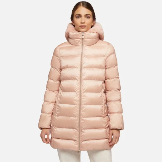 Geox Desya Woman's Parka Jacket Antique Rose with Sustainable Fill and Light Gold Detailing Size 38 Features Detachable Bib and Teddy Fleece Hood Fast Delivery - Geox - Image 3