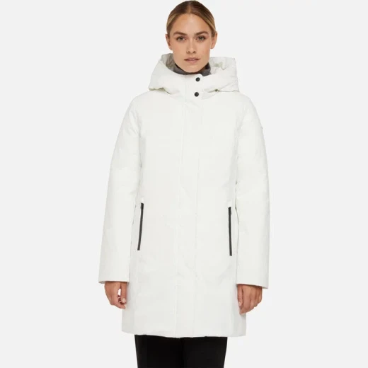 Geox Spherica Woman's 3/4 Length Parka Jacket Milk White Recycled Polyester Water Repellent Windblocking Hooded Sustainable Padding 44 Ideal for Everyday City Lifestyle Geox Spherica Woman's 3/4 Length Parka Jacket Milk White Recycled Polyester Water Repellent Windblocking Hooded Sustainable Padding 44 Ideal for Everyday City Lifestyle