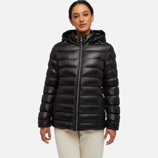 Zosma Women's Black Hooded Anorak Jacket with High Shine Satin Finish 44 Winter Warmth Fast Delivery Easy Exchange - Geox - Image 2