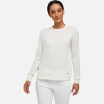 Geox Knit Woman Round Neck Sweater Off White Merino Wool Recycled Fibers Side Slits Size Small Everyday Feminine Style Pristine Design Item W3670B Fast Delivery
