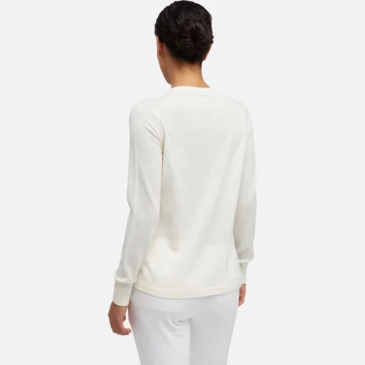 Geox Knit Woman Round Neck Sweater Off White Merino Wool Recycled Fibers Side Slits Size Small Everyday Feminine Style Pristine Design Item W3670B Fast Delivery - Image 6