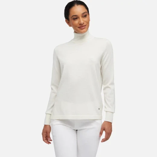 Cozy Merino Wool Knit Turtleneck Sweater for Women in White, Featuring Side Slits & Contrast Detailing, Perfect for Layering, Size Small - Image 2