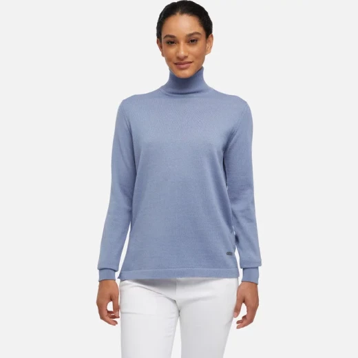 سويتر جيوكس كنيت للمرأة دينيم باهت بفتحة رقبة مرتفعة مزيج صوف ميرينو فتحات جانبية تفاصيل متباينة للنساء مجموعة 2024 متعددة الاستخدامات مريحة خيار للطبقات متوفرة بمقاسات مختلفة - Image 2