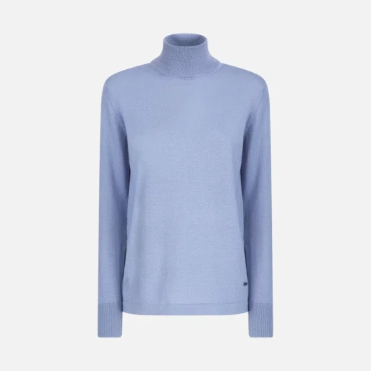 Geox Knit Woman Faded Denim Turtleneck Sweater, Merino Wool Blend, Side Slits, Contrast Detailing, Relaxed Fit, Versatile Layering, Women's Size L, Cozy Winter Apparel - Image 3