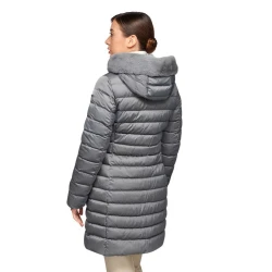 Geox Bettanie Woman's Longline Padded Puffer Jacket with Faux Fur Trim in Grey Size 38 Winter Coat for Women Featuring a Flared Feminine Cut Satin Fabric
