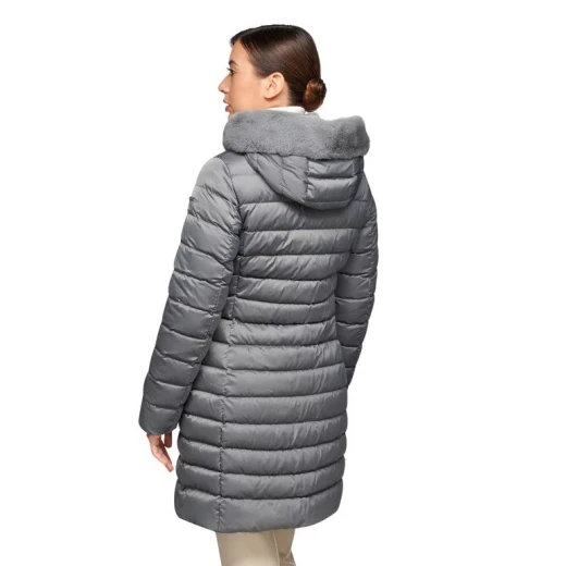 Geox Bettanie Woman's Longline Padded Puffer Jacket with Faux Fur Trim in Grey Size 38 Winter Coat for Women Featuring a Flared Feminine Cut Satin Fabric - Geox - Image 3