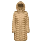 Geox Bettanie Woman's Longline Padded Puffer Jacket Beige Size 40 with Faux Fur Trim Hood for Winter. Flared Feminine Cut Satin Fabric Daily Wear Versatile Design - Geox
