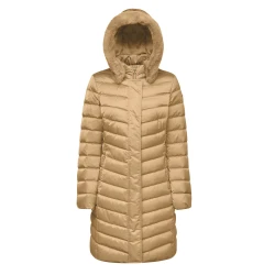 Geox Bettanie Woman's Longline Padded Puffer Jacket Beige Size 40 with Faux Fur Trim Hood for Winter. Flared Feminine Cut Satin Fabric Daily Wear Versatile Design
