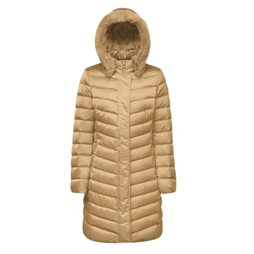 Geox Bettanie Woman's Longline Padded Puffer Jacket Beige Size 40 with Faux Fur Trim Hood for Winter. Flared Feminine Cut Satin Fabric Daily Wear Versatile Design Geox Bettanie Woman's Longline Padded Puffer Jacket Beige Size 40 with Faux Fur Trim Hood for Winter. Flared Feminine Cut Satin Fabric Daily Wear Versatile Design