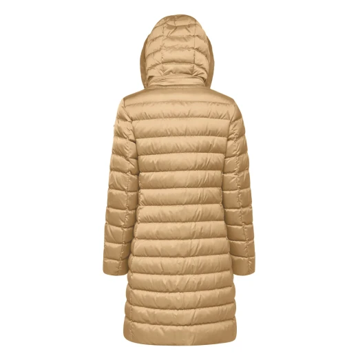 Geox Bettanie Woman's Longline Padded Puffer Jacket Beige Size 40 with Faux Fur Trim Hood for Winter. Flared Feminine Cut Satin Fabric Daily Wear Versatile Design - Geox - Image 3