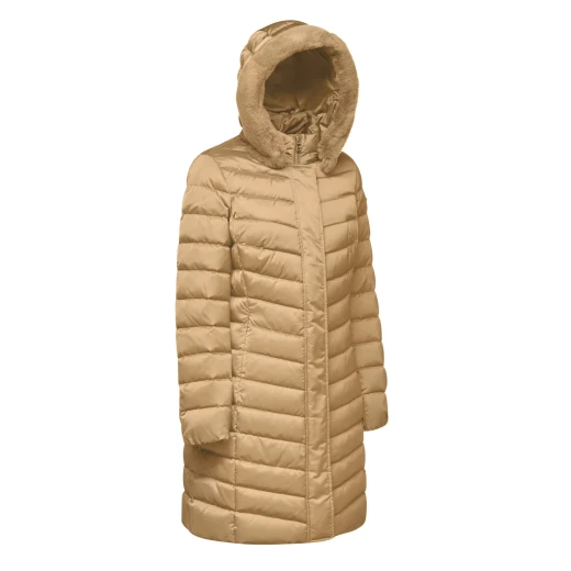 Geox Bettanie Woman's Longline Padded Puffer Jacket Beige Size 40 with Faux Fur Trim Hood for Winter. Flared Feminine Cut Satin Fabric Daily Wear Versatile Design - Geox - Image 7