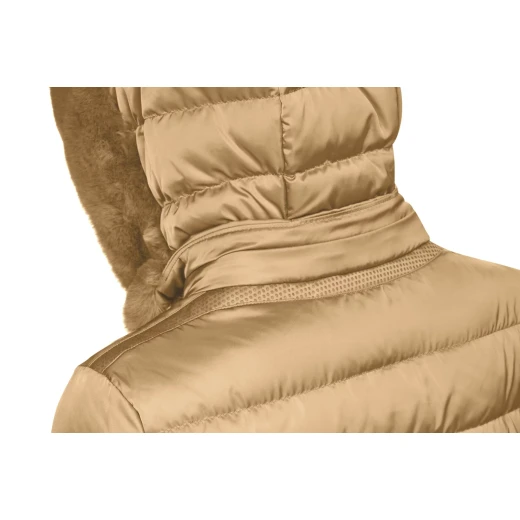 Geox Bettanie Woman's Longline Padded Puffer Jacket Beige Size 40 with Faux Fur Trim Hood for Winter. Flared Feminine Cut Satin Fabric Daily Wear Versatile Design - Geox - Image 8