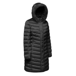 Geox Bettanie Woman's Longline Padded Puffer Jacket in Black, Featuring a Protective Hood with Faux Fur Trim, Flared Feminine Cut, and Crafted from Refined Satin Fabric, Size 38