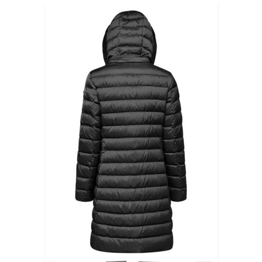 Geox Bettanie Woman's Longline Padded Puffer Jacket in Black, Featuring a Protective Hood with Faux Fur Trim, Flared Feminine Cut, and Crafted from Refined Satin Fabric, Size 38 - Geox - Image 4